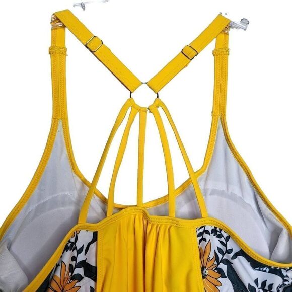 Holipick Push Up Tankini Swimsuit Two Piece Tummy Control Yellow Floral Size Lar - Picture 8 of 10